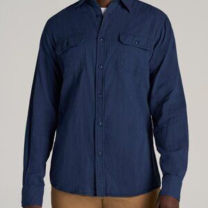 American Tall LJ&S Double Weave Shirt for Tall Men in Vintage Midnight Navy Size